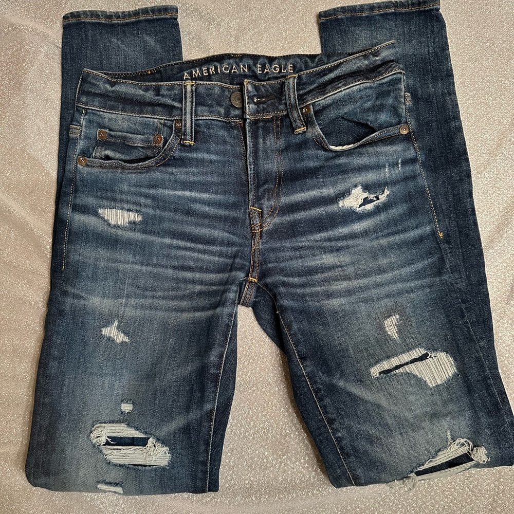 American Eagle Outfitters Men's Ripped Dark Blue Skinny Jeans